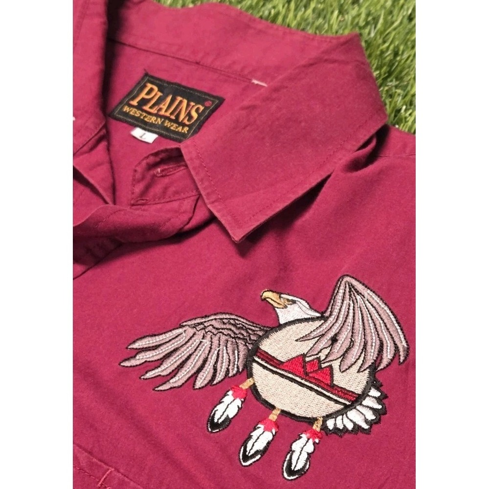 VTG Plains Western Wear Shirt Large Maroon Pearl Snap Embroidered Eagle Cowboy